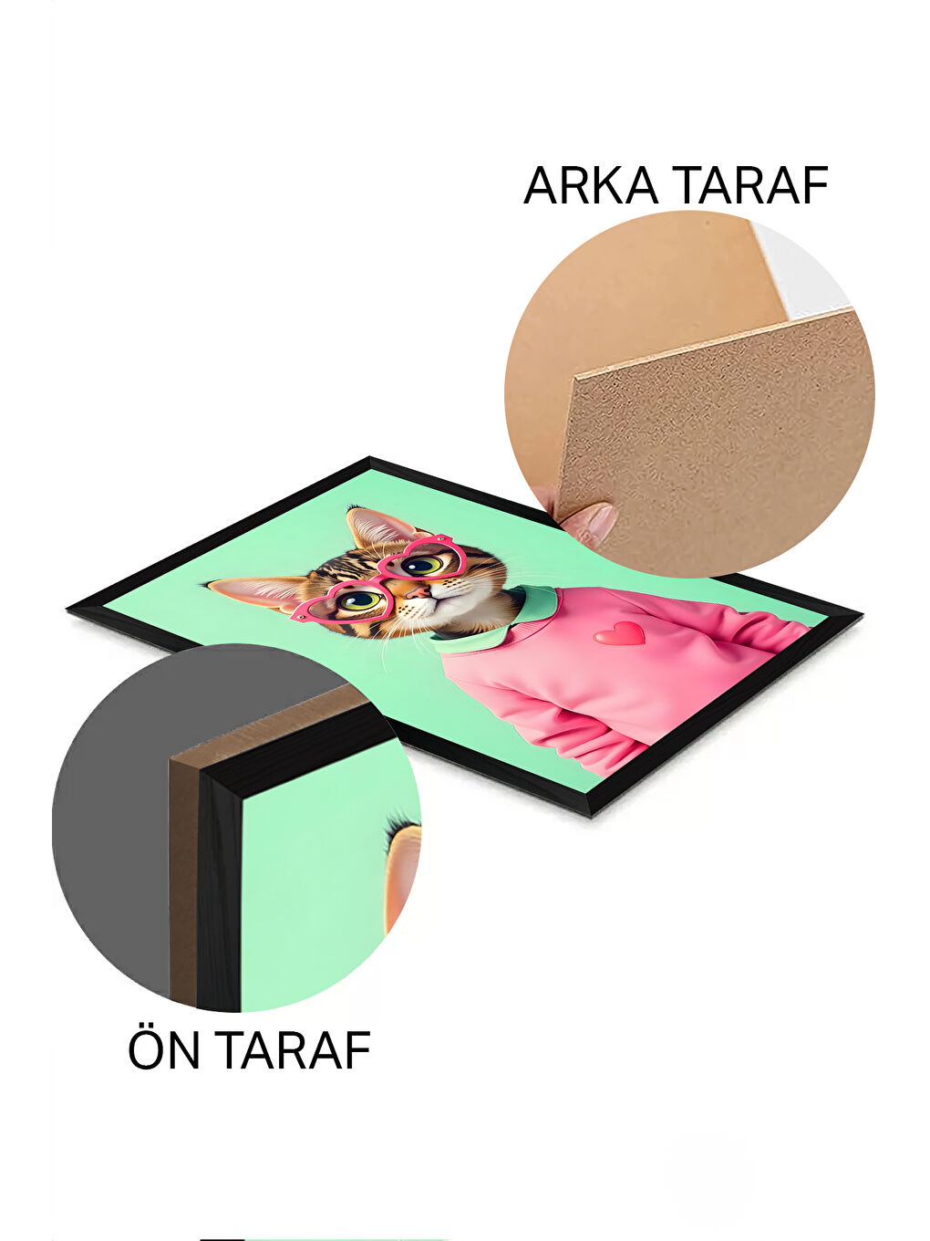 Beyaz Tek Parça Siyah Çerçeve Görünümlü Kedi Baskılı MDF 48x33 cm Tablo - Model 26-1