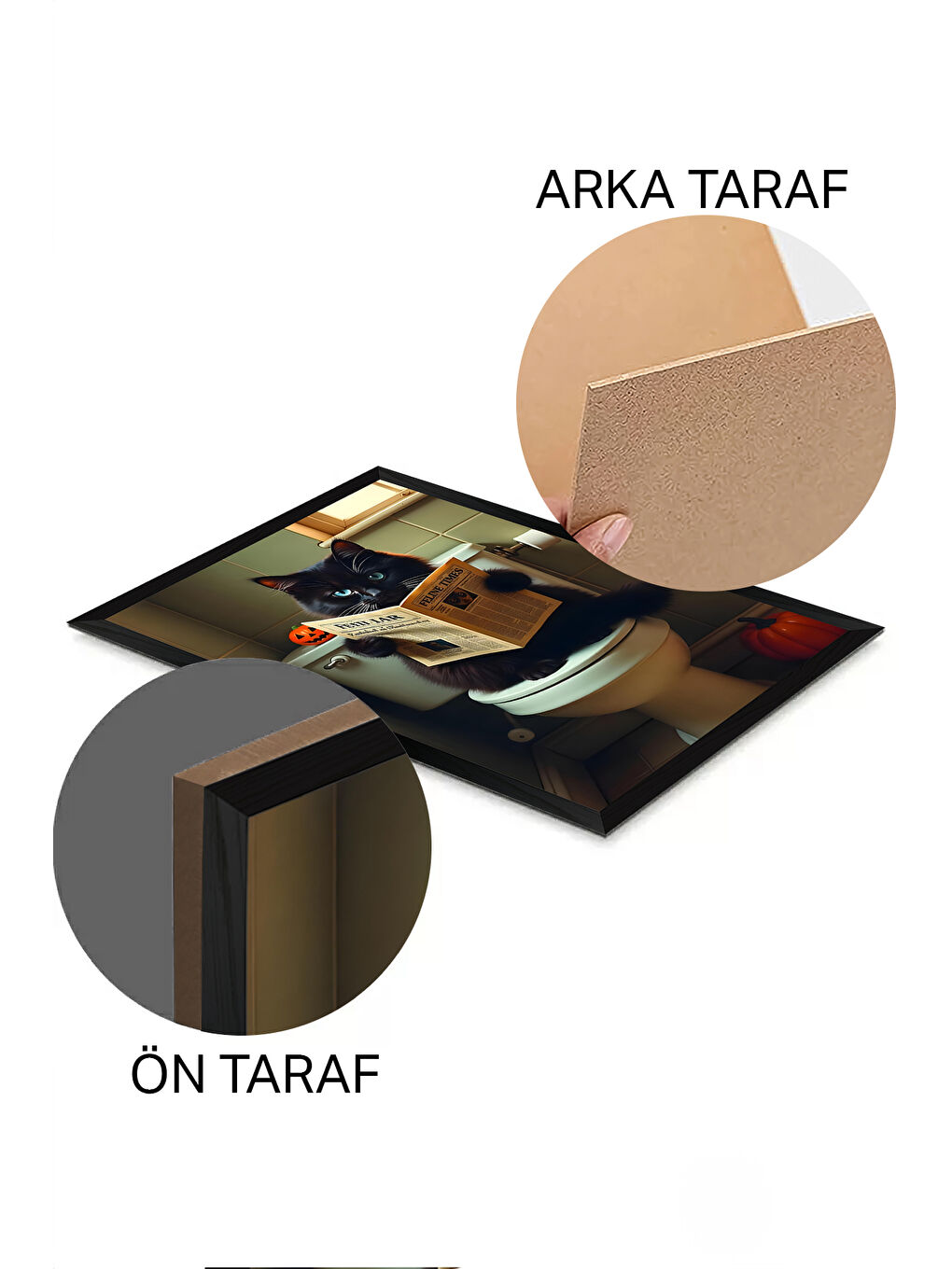 Beyaz Tek Parça Siyah Çerçeve Görünümlü Kedi Baskılı MDF 48x33 cm Tablo - Model 27-1