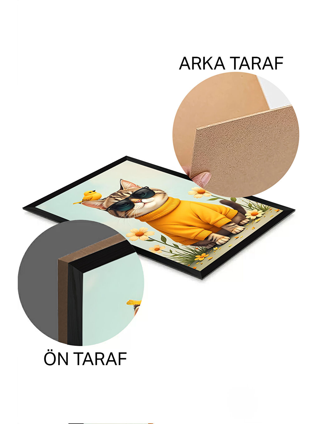 Beyaz Tek Parça Siyah Çerçeve Görünümlü Kedi Baskılı MDF 48x33 cm Tablo - Model 4-1