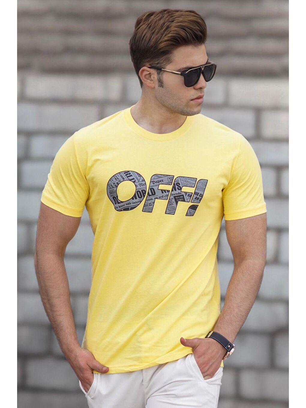 Baskılı Sarı Erkek %100 Pamuk Tişört 5254-1