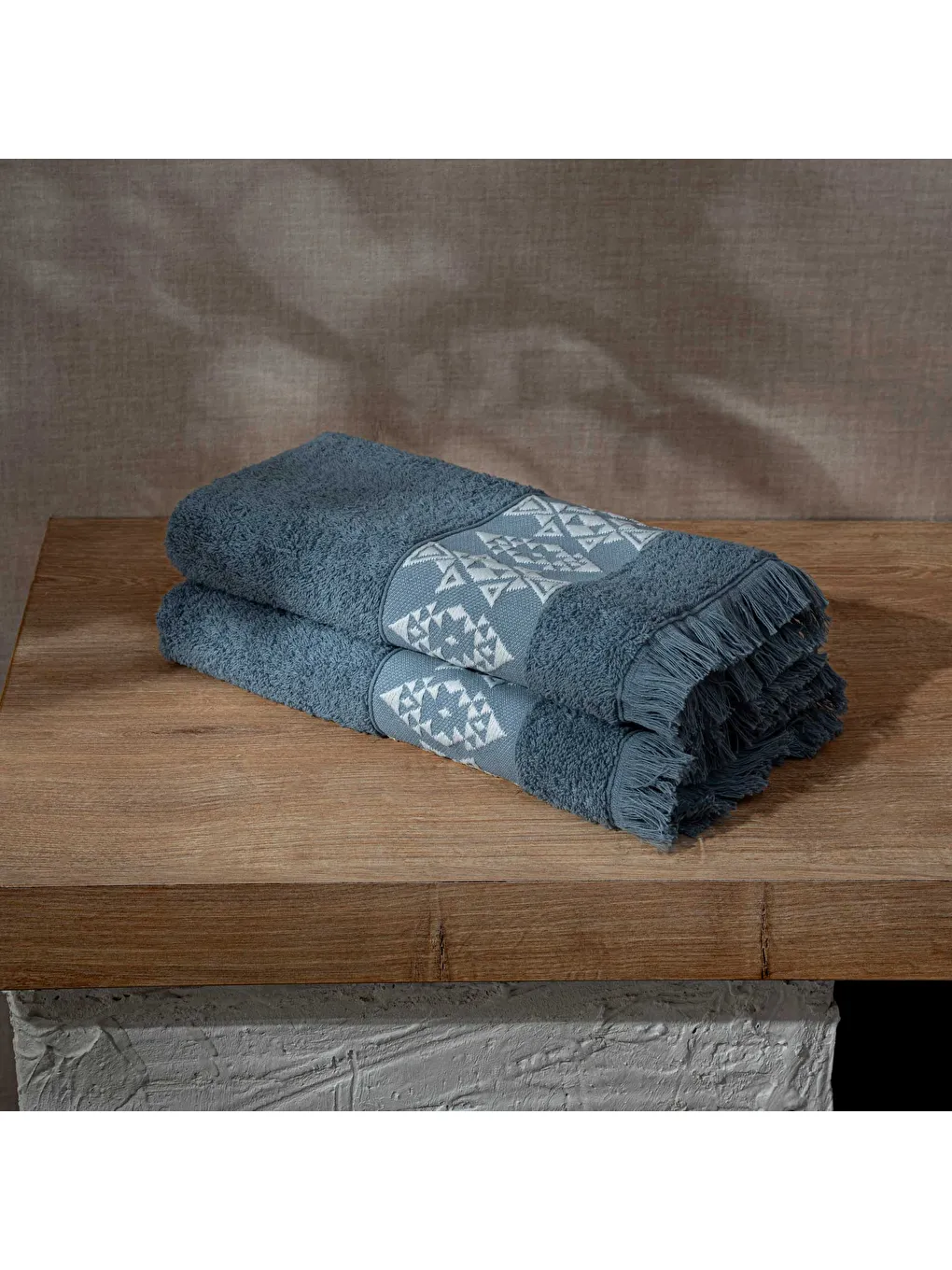 Hereke 2'li El Yüz Havlusu Seti %100 Pamuk Jakarlı Koyu Mavi 50x80 Cm-2