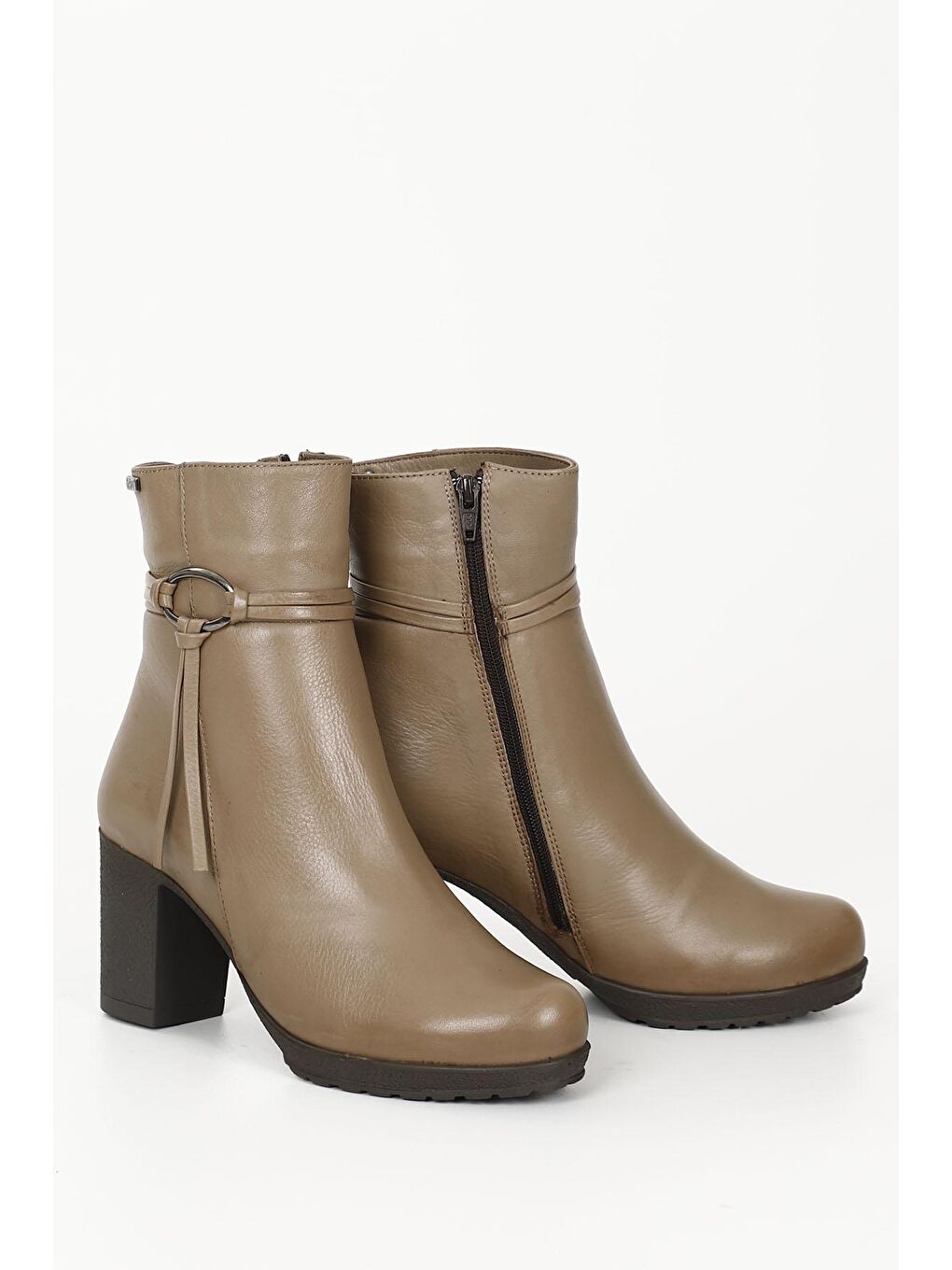 Bej VİZON  Hakiki Deri Yuvarlak Burun Kauçuk Taban Topuklu Fermuarlı Kadın Günlük Bot 51495