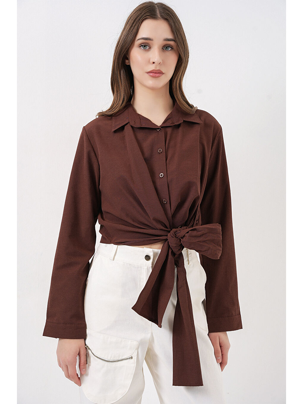 Kadın Bağlamalı Uzun Kol Gömlek 20325 - Kahverengi-1