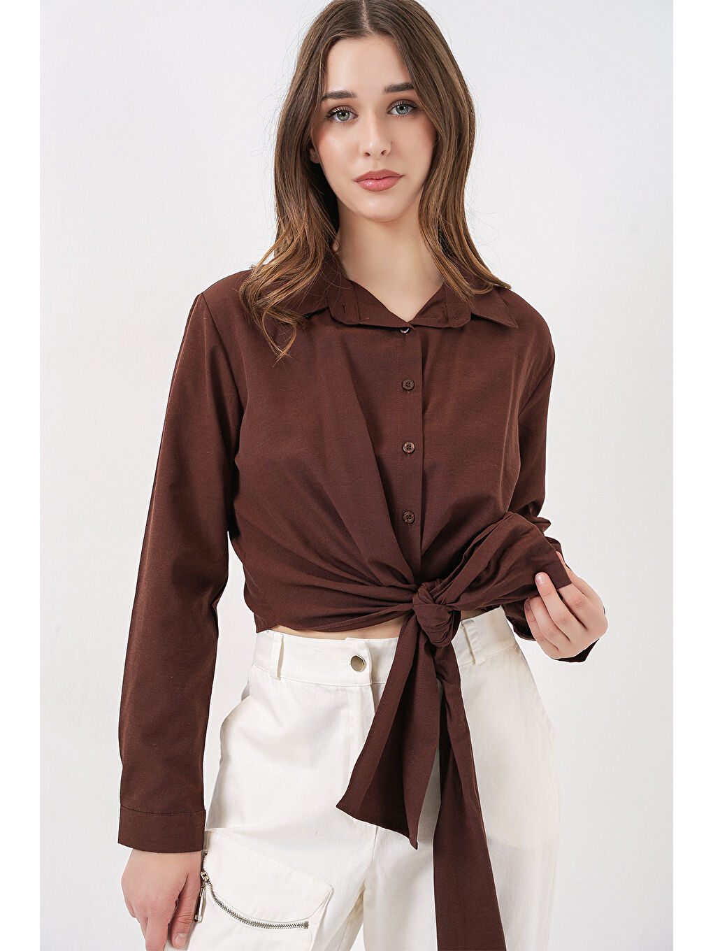 Kadın Bağlamalı Uzun Kol Gömlek 20325 - Kahverengi-2