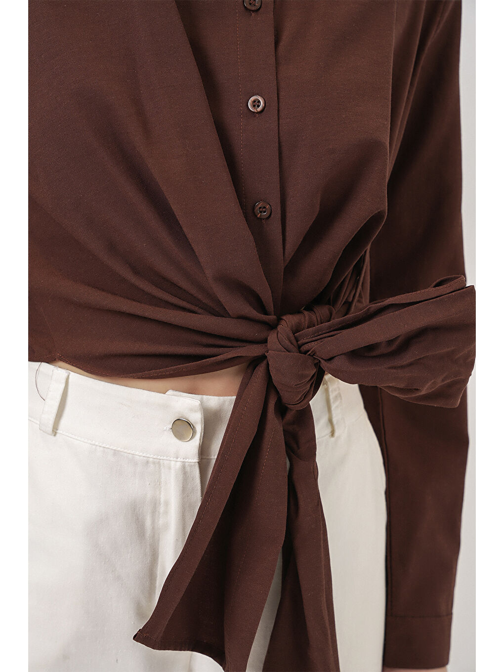 Kadın Bağlamalı Uzun Kol Gömlek 20325 - Kahverengi-3