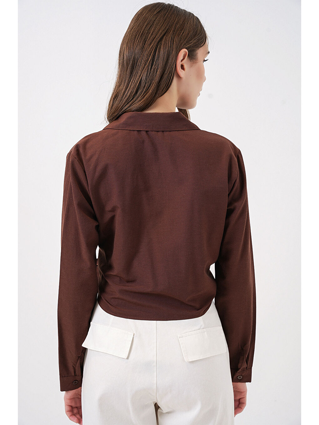 Kadın Bağlamalı Uzun Kol Gömlek 20325 - Kahverengi-4