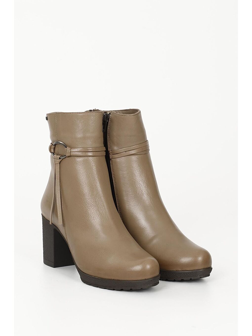 Bej VİZON  Hakiki Deri Yuvarlak Burun Kauçuk Taban Topuklu Fermuarlı Kadın Günlük Bot 51495-1
