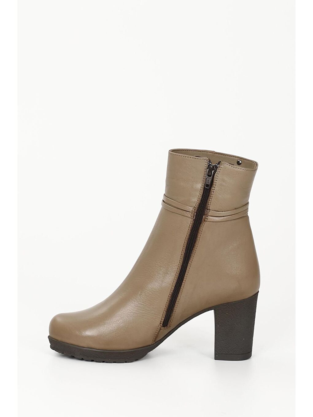 Bej VİZON  Hakiki Deri Yuvarlak Burun Kauçuk Taban Topuklu Fermuarlı Kadın Günlük Bot 51495-5