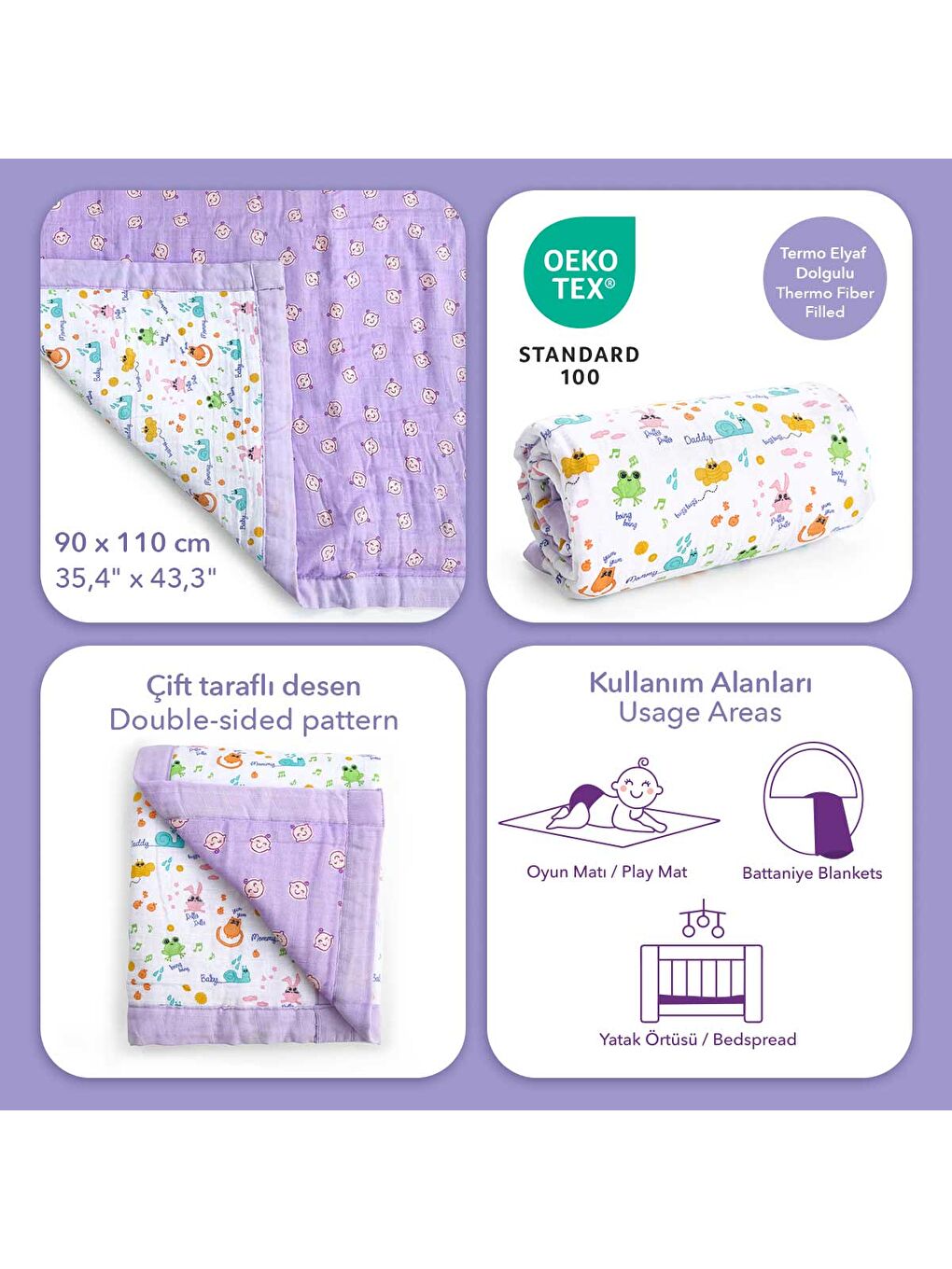 Lila Müslin Battaniye Elyaf Dolgulu Friends-5