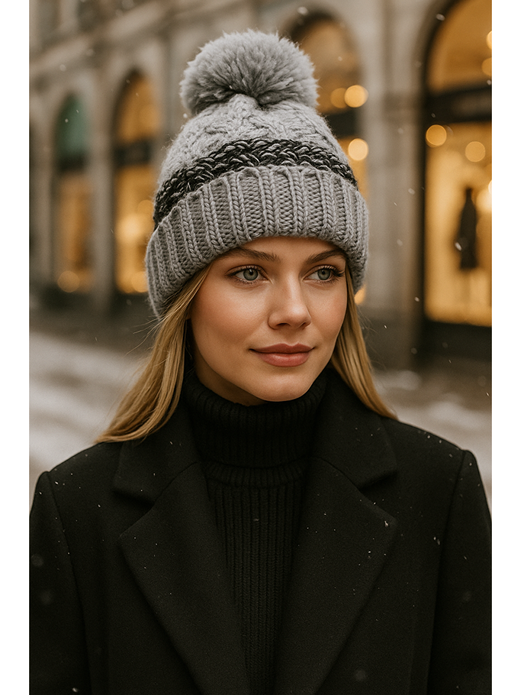 Gri Ponponlu Içi Yünlü Ithal Triko Örgü Bere Bere1129