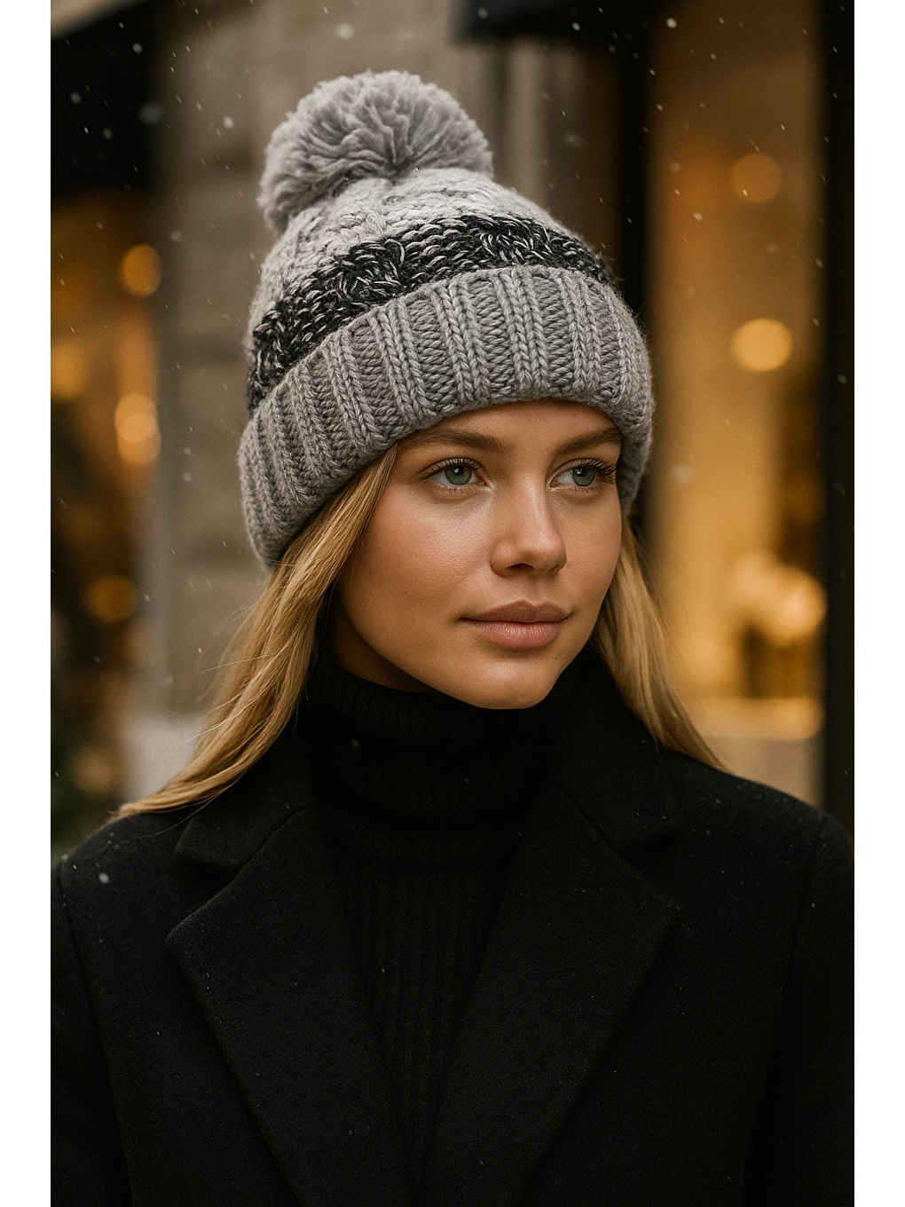 Gri Ponponlu Içi Yünlü Ithal Triko Örgü Bere Bere1129-1