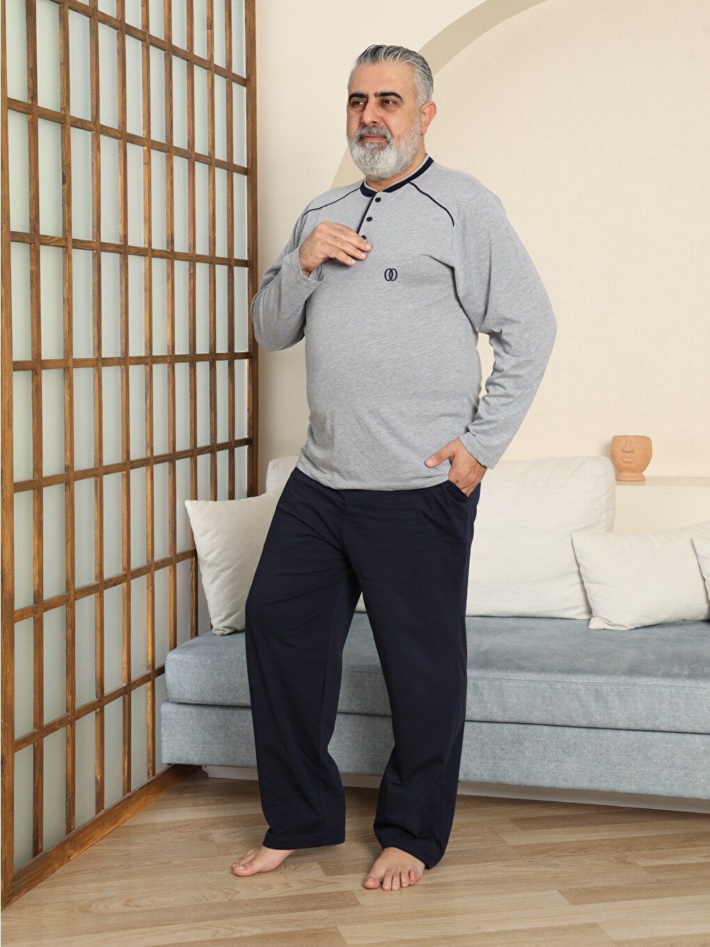 Gri Premıum Erkek %100 Doğal Pamuk Biyeli Yüksek Kaliteli Düğmeli Kısa Kollu Battal Pijama Takımı-4