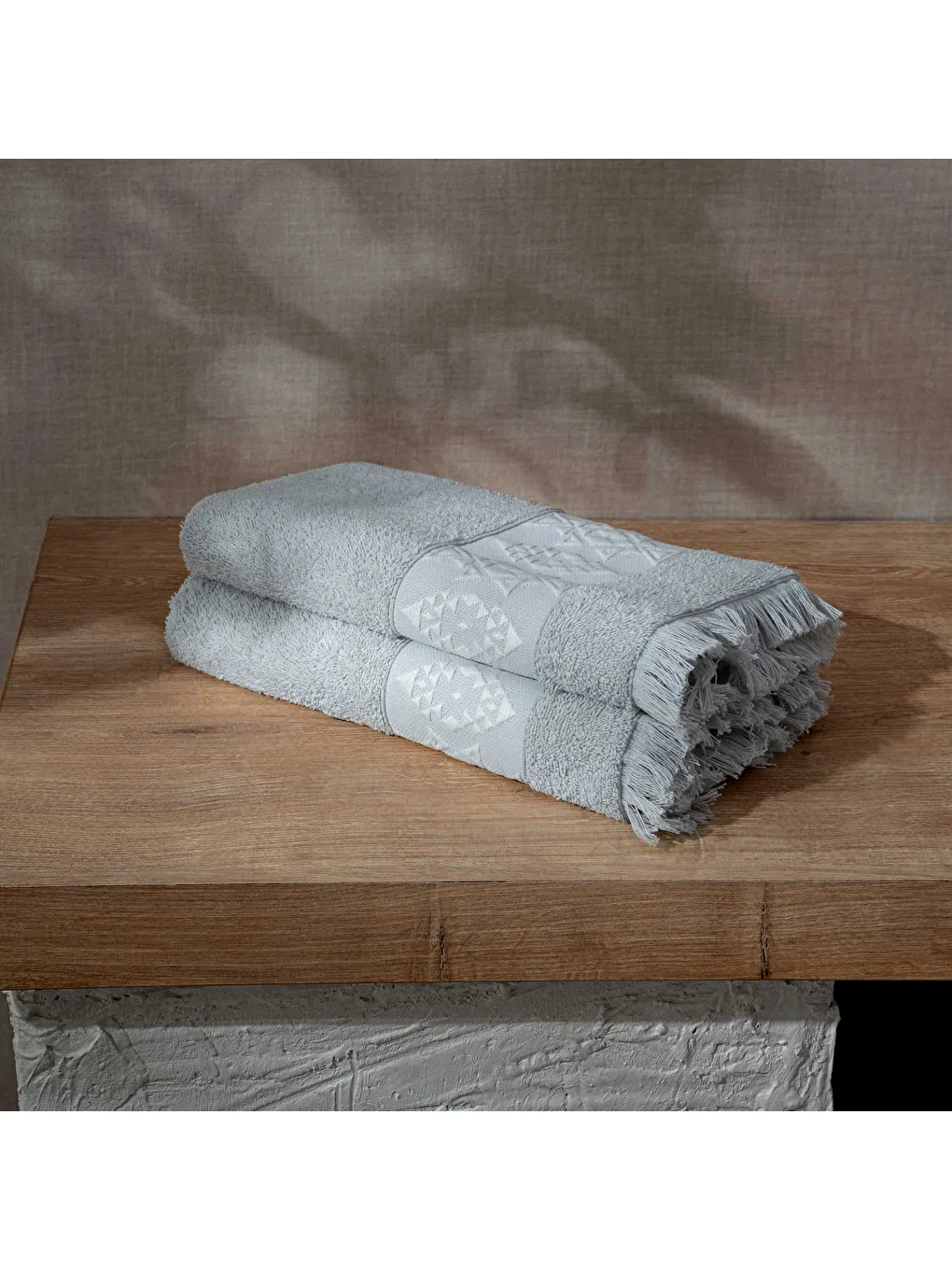 Hereke 2'li El Yüz Havlusu Seti %100 Pamuk Jakarlı Açık Gri 50x80 Cm-2