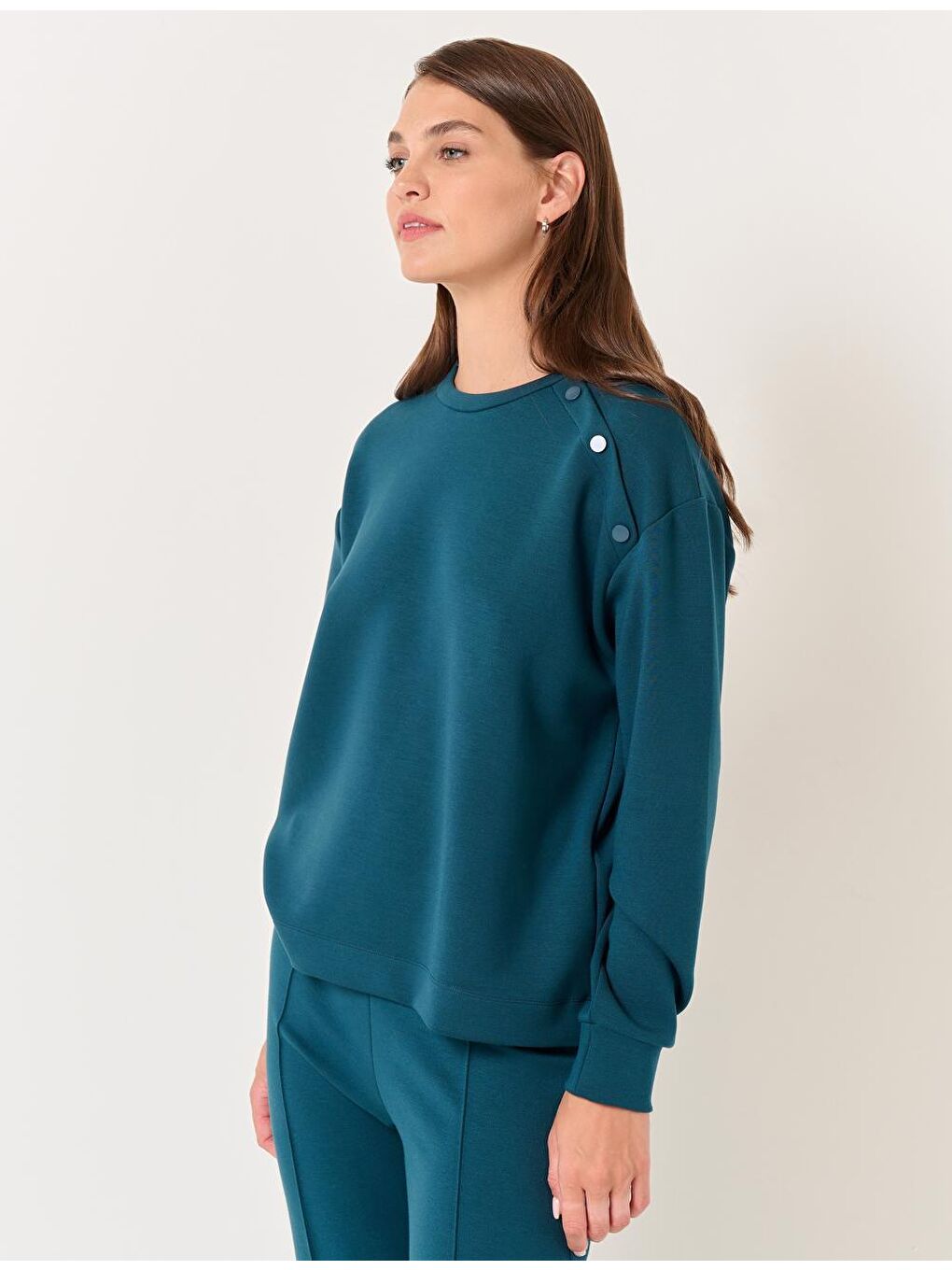 Koyu Yeşil Bisiklet Yaka Uzun Kollu Basic Sweatshirt-3