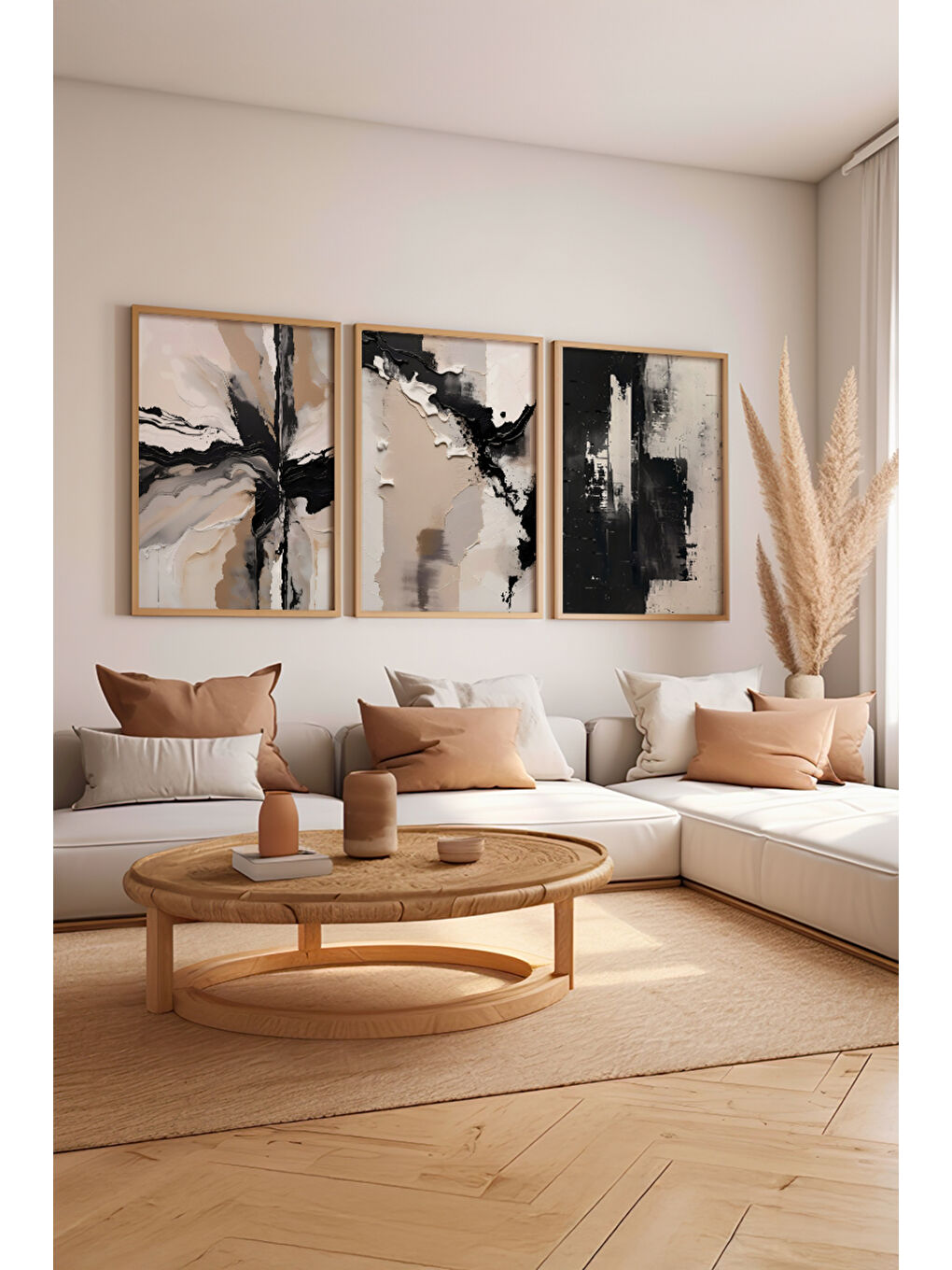 Beyaz 3 Parça Ham Renk Gerçek Ahşap Çerçeveli Tablo Seti - Model 16 - 33 x 48