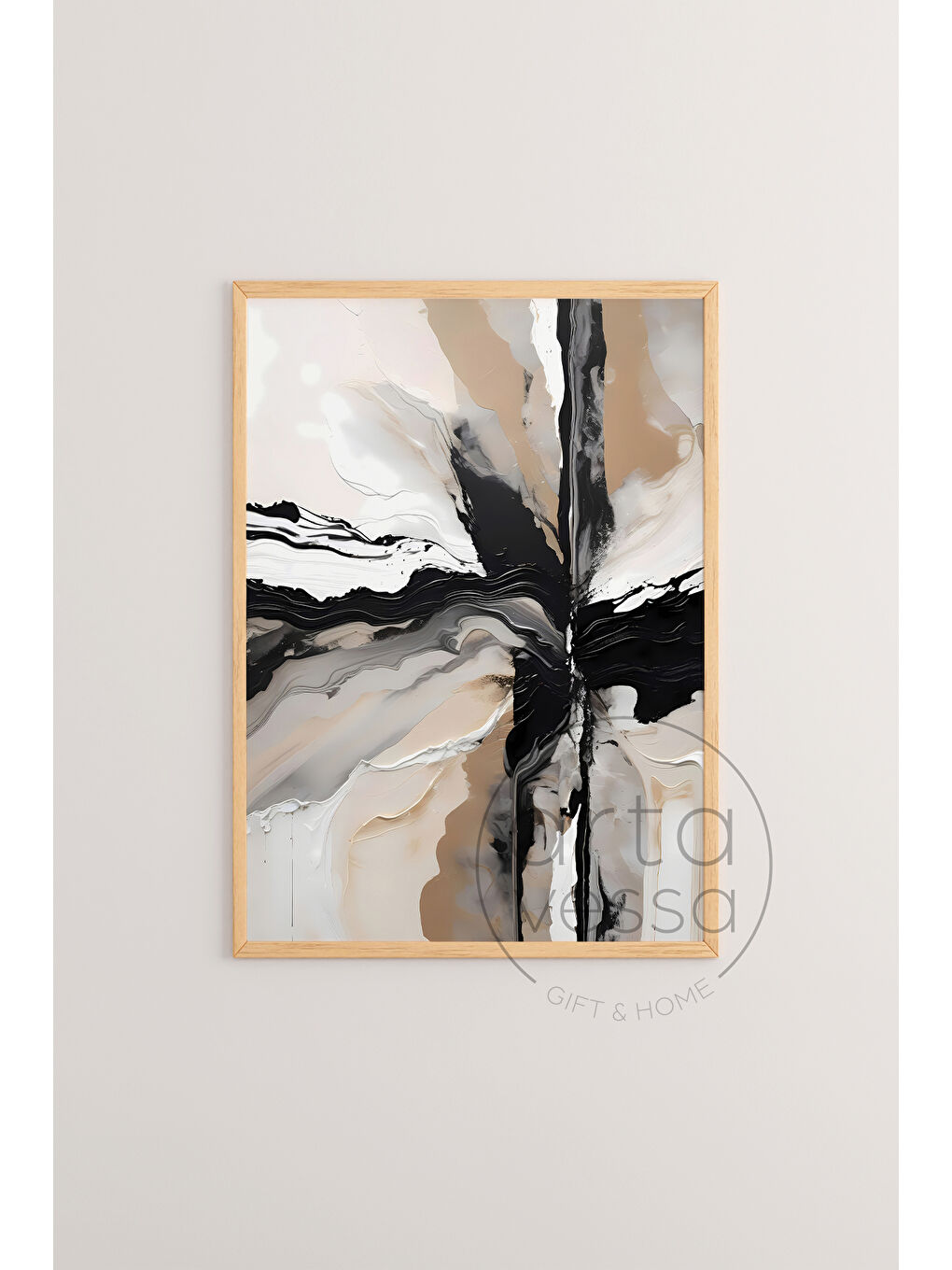 Beyaz 3 Parça Ham Renk Gerçek Ahşap Çerçeveli Tablo Seti - Model 16 - 33 x 48-1