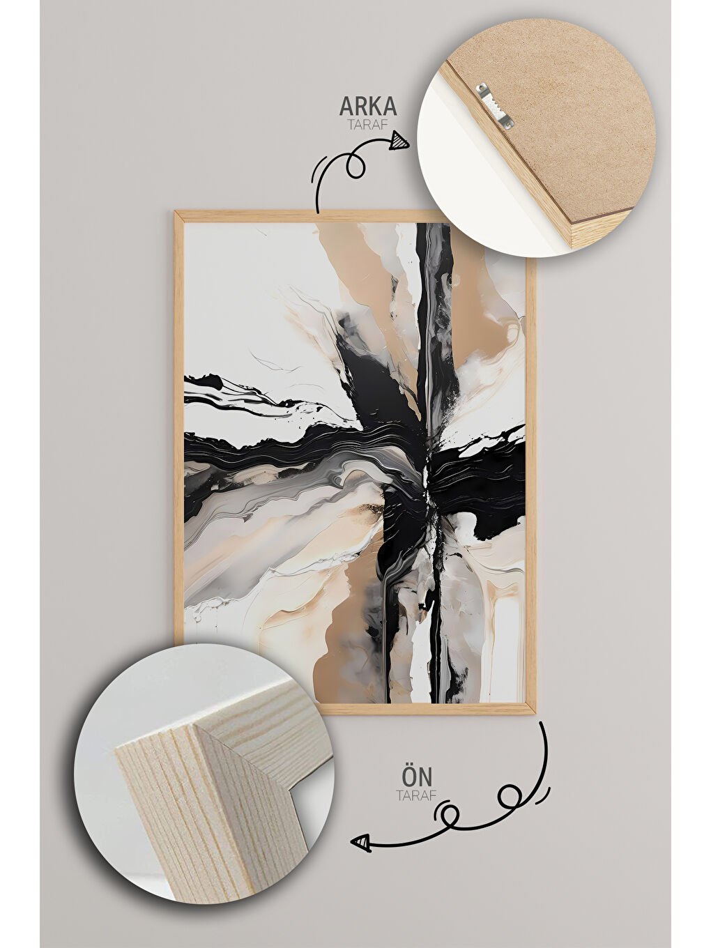 Beyaz 3 Parça Ham Renk Gerçek Ahşap Çerçeveli Tablo Seti - Model 16 - 33 x 48-4