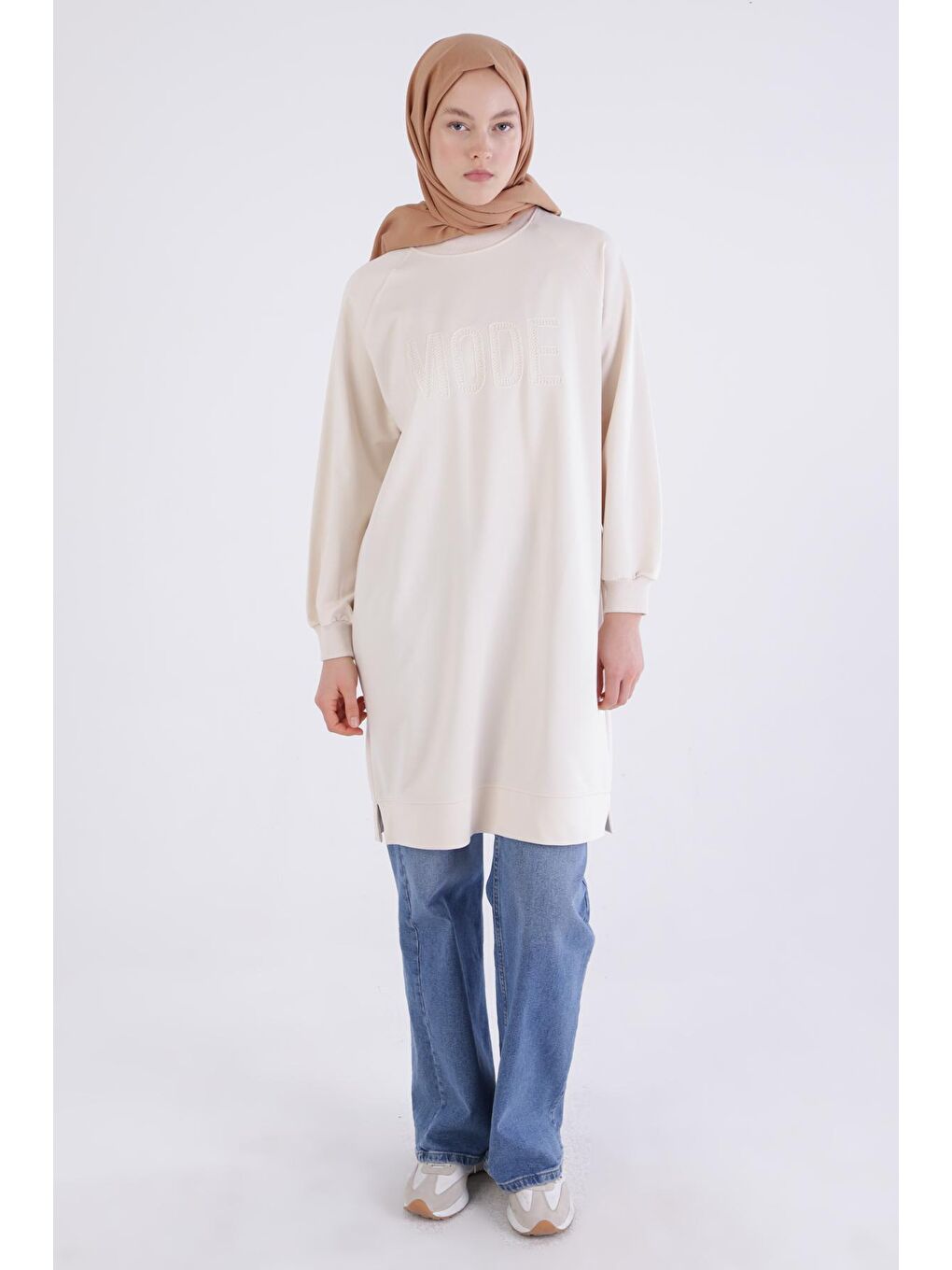 Ekru Mode Nakışlı Reglan Kol Tunik-1