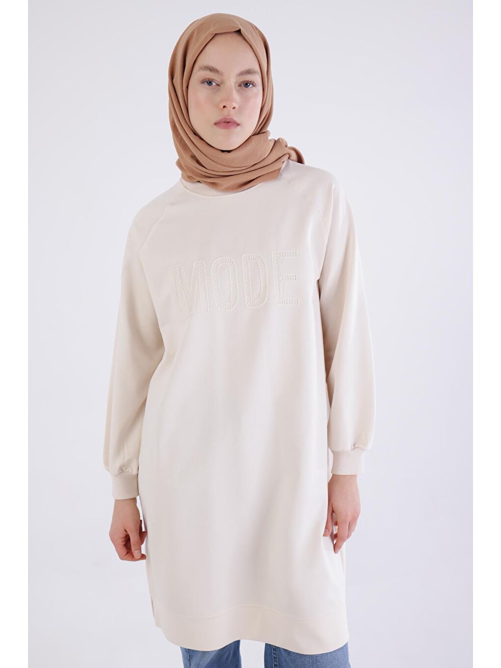 Ekru Mode Nakışlı Reglan Kol Tunik-4