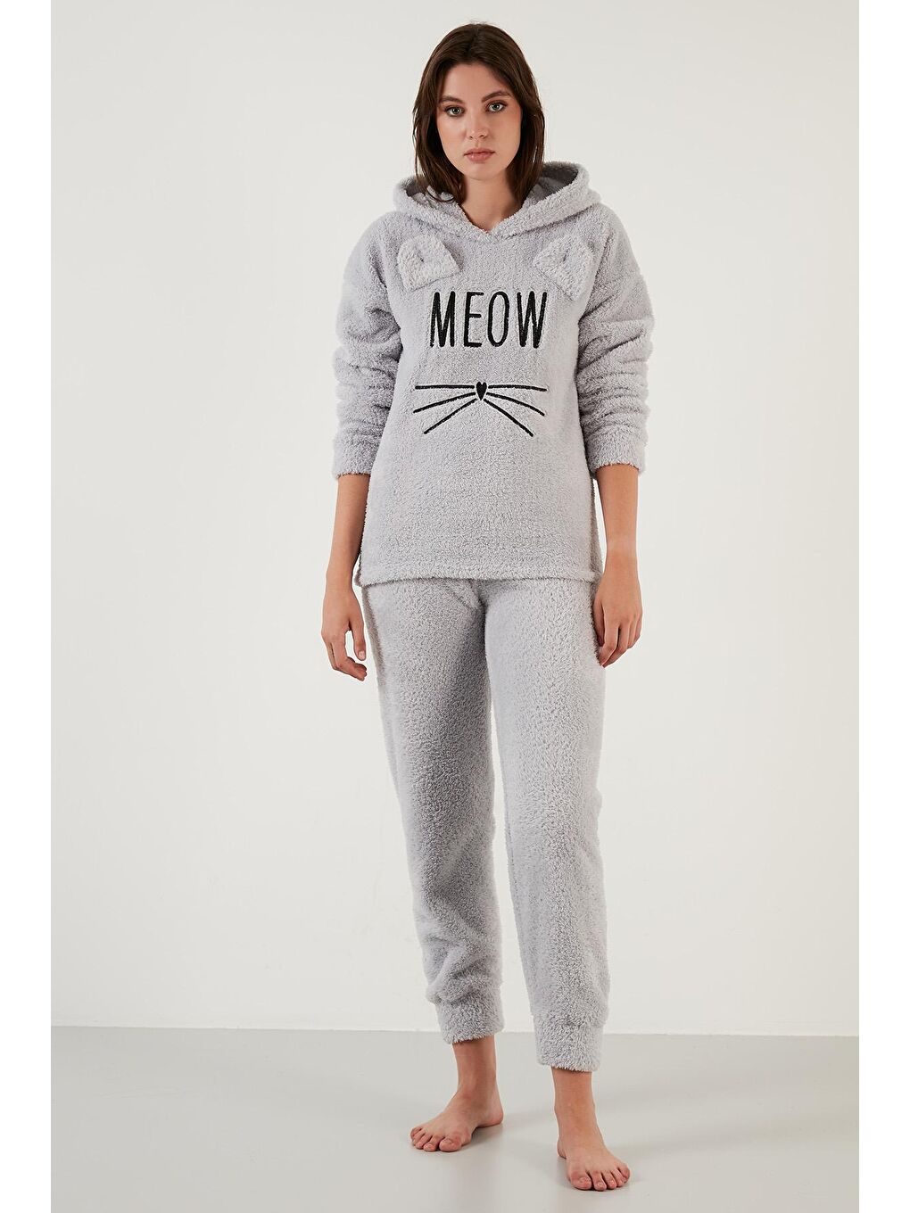 Gri Kapüşonlu Elastik Bantlı Peluş Pijama Takımı 6094130-4