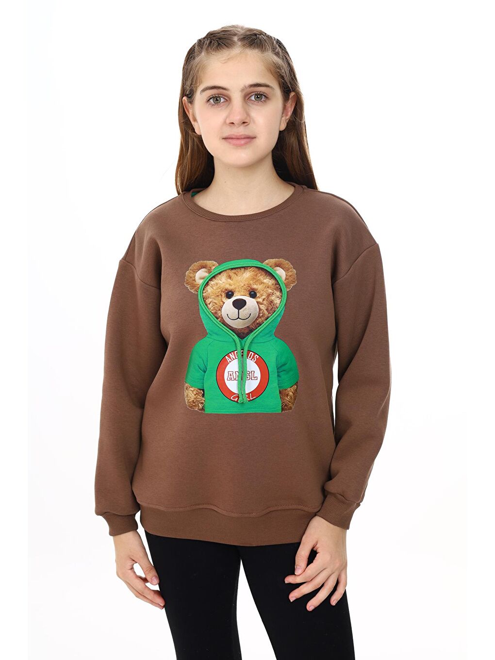 Kahverengi Kız Çocuk Ayıcık Baskılı Sweatshirt 7-13 Yaş Lx282