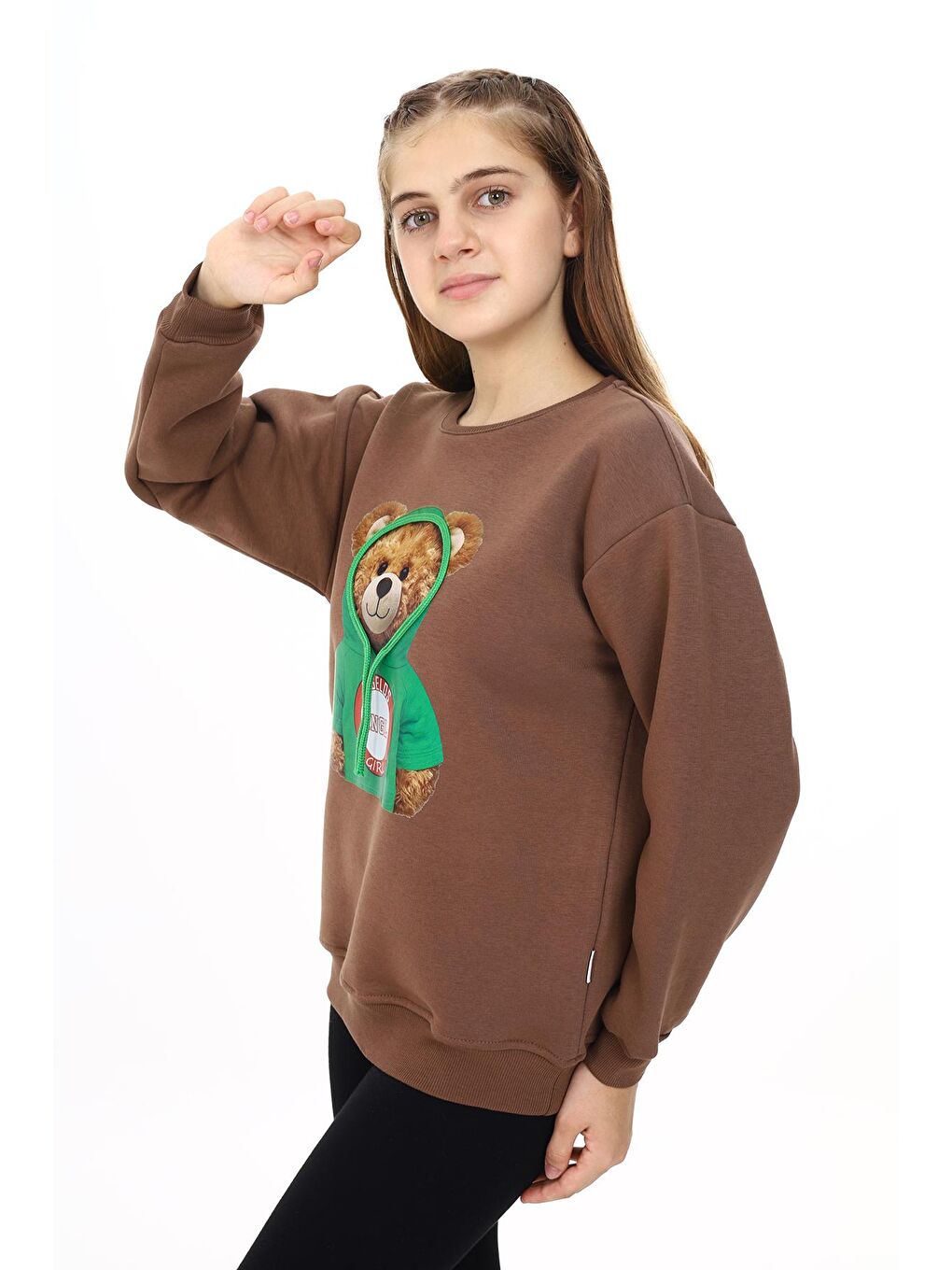 Kahverengi Kız Çocuk Ayıcık Baskılı Sweatshirt 7-13 Yaş Lx282-1