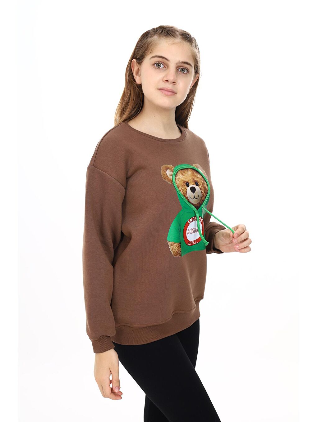 Kahverengi Kız Çocuk Ayıcık Baskılı Sweatshirt 7-13 Yaş Lx282-2