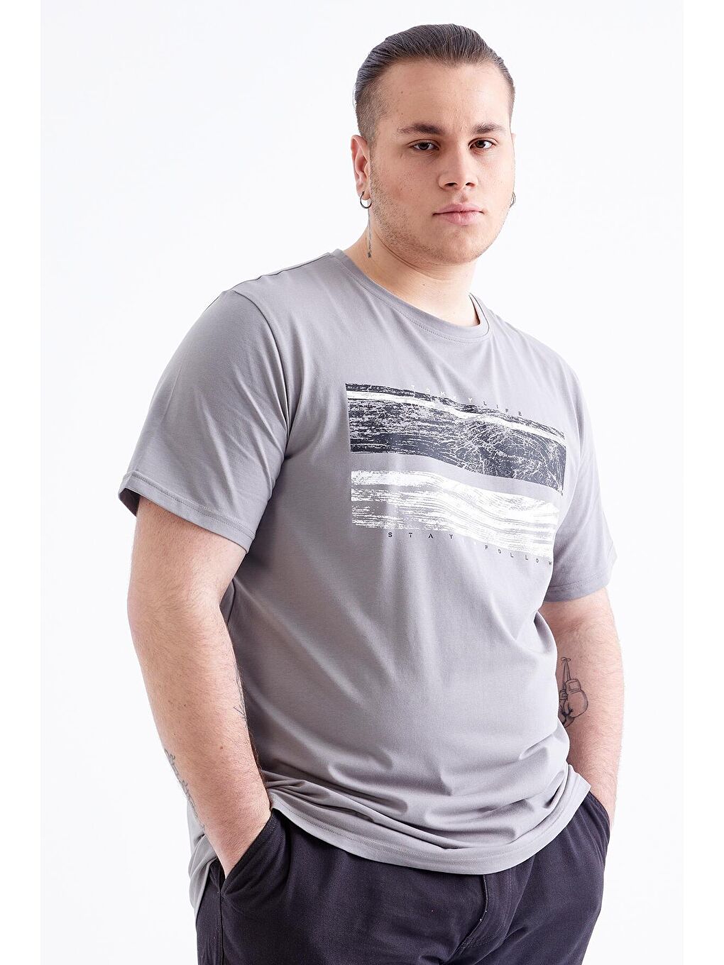 Gri Baskılı O Yaka Büyük Beden Erkek Tişört - 88073