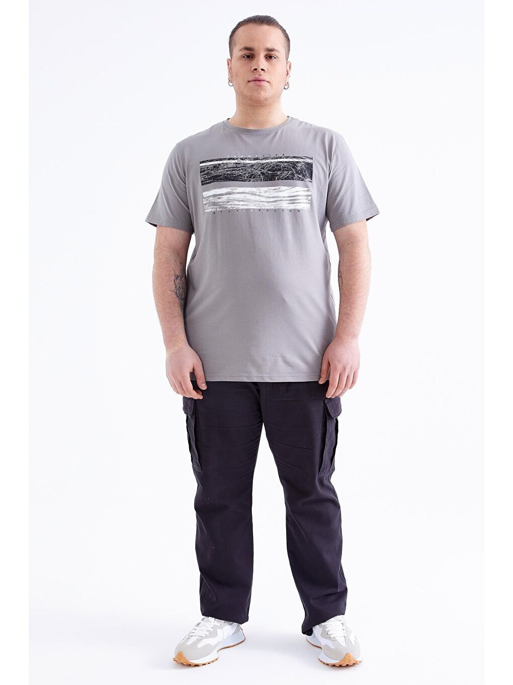 Gri Baskılı O Yaka Büyük Beden Erkek Tişört - 88073-1