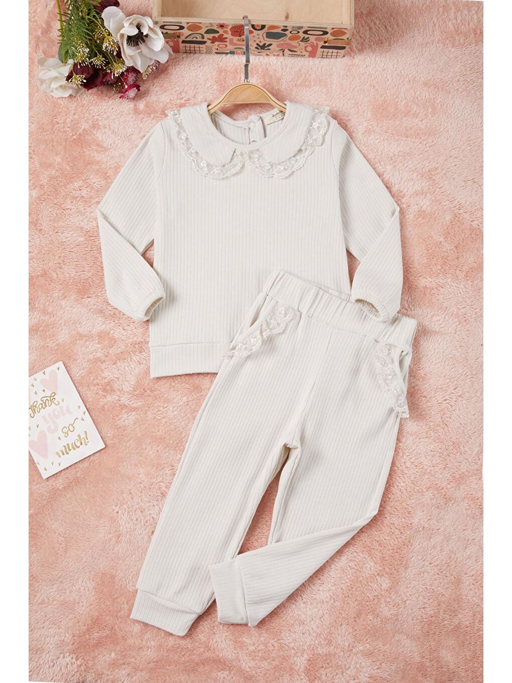 Gri Dantel Yakalı Fitilli Kız Bebek Takım 17153