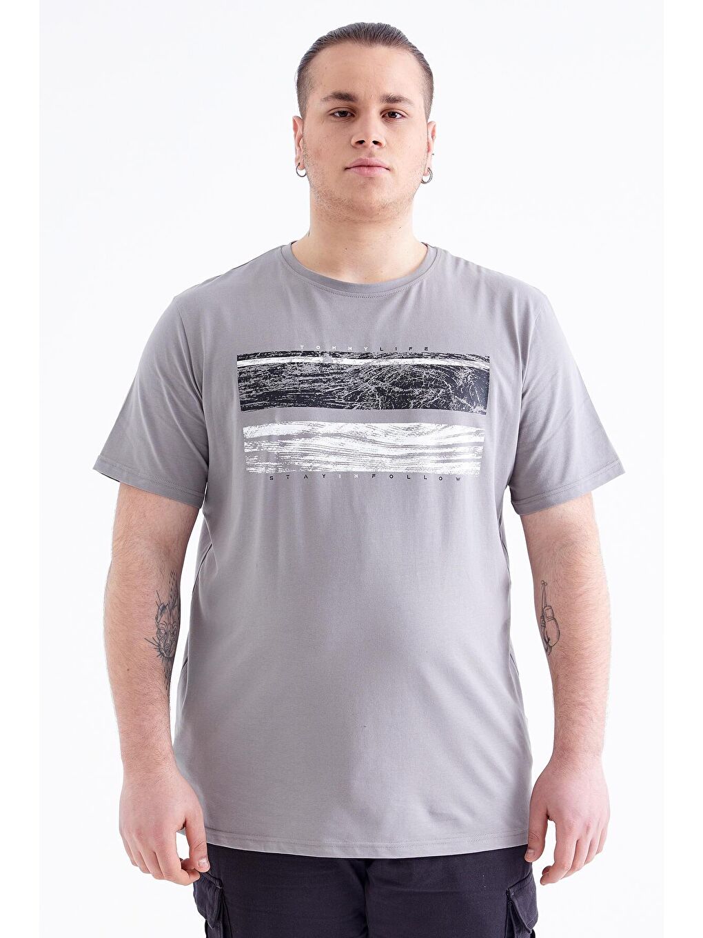 Gri Baskılı O Yaka Büyük Beden Erkek Tişört - 88073-2