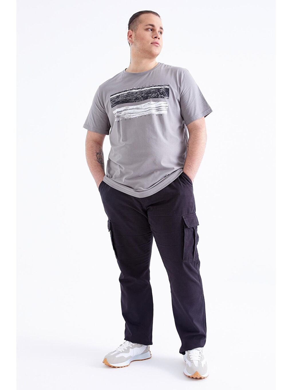 Gri Baskılı O Yaka Büyük Beden Erkek Tişört - 88073-3