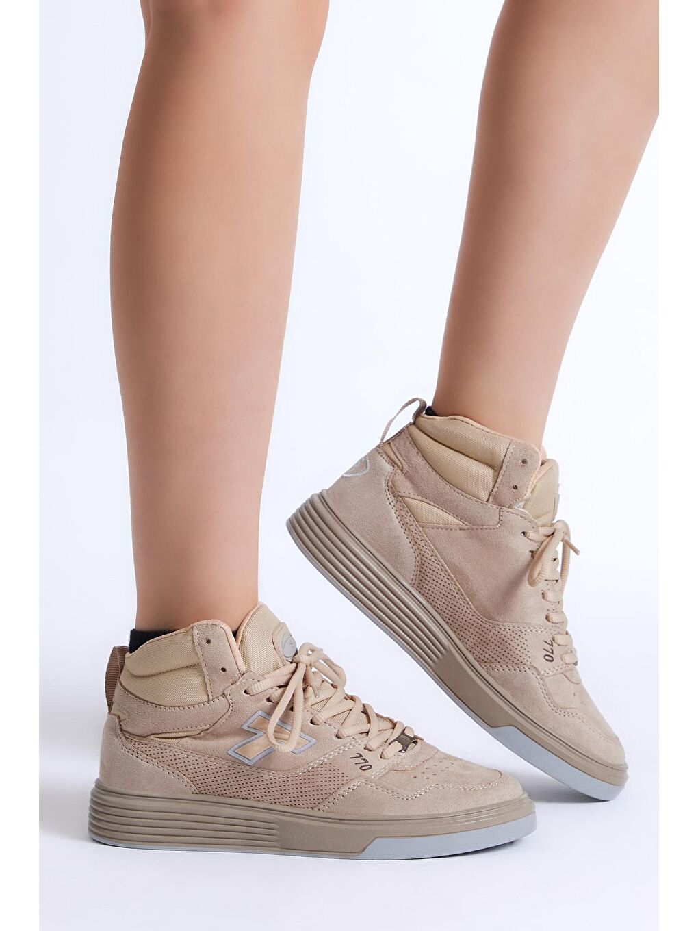 Unisex Bej Rahat Kalıp Poli Taban Bağcıklı Uzun Sneaker-2