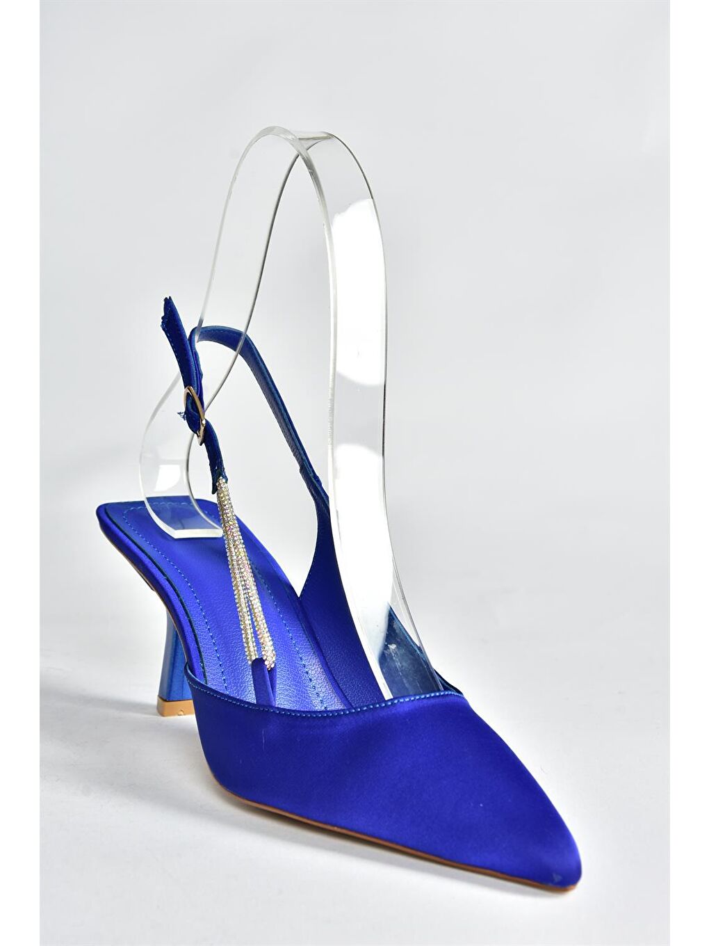 Saks Mavi Saten Kumaş Taş Detaylı Topuklu Abiye Ayakkabı P820060904-4