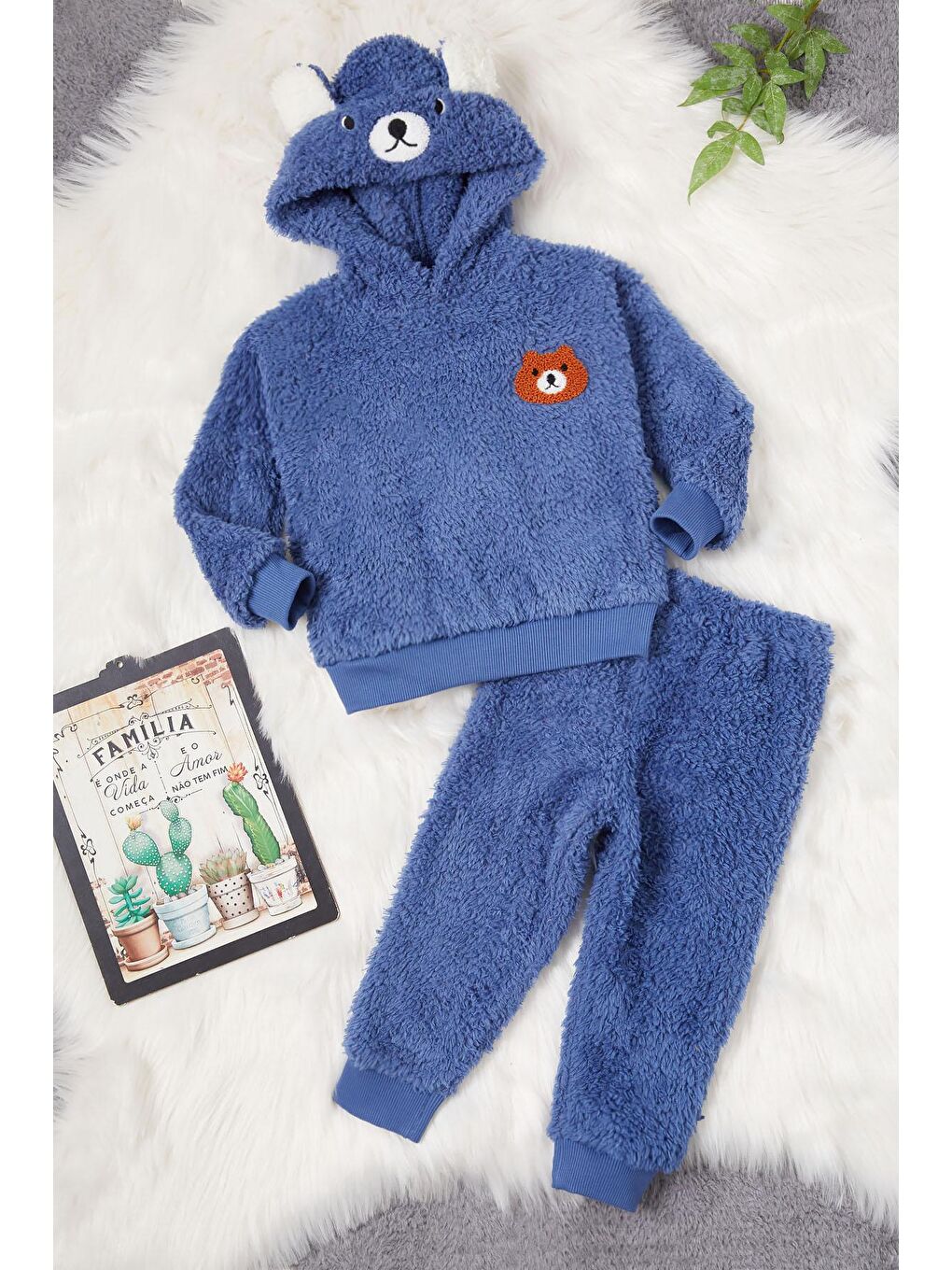 Lacivert Ayıcık Nakışlı Erkek Bebek Pelüş Eşofman Takımı 17162