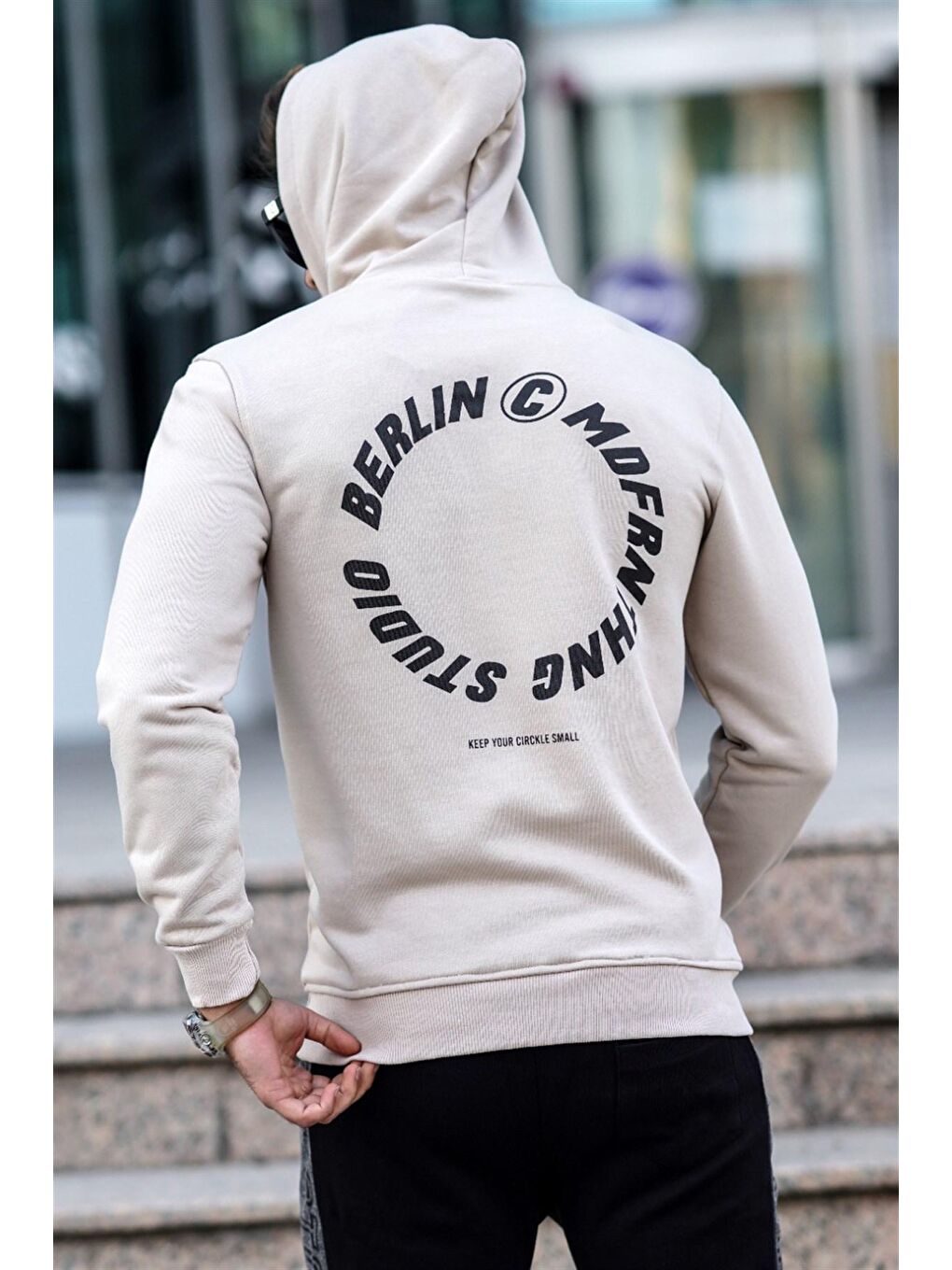 Bej Baskılı Erkek Hoodie 5306-1