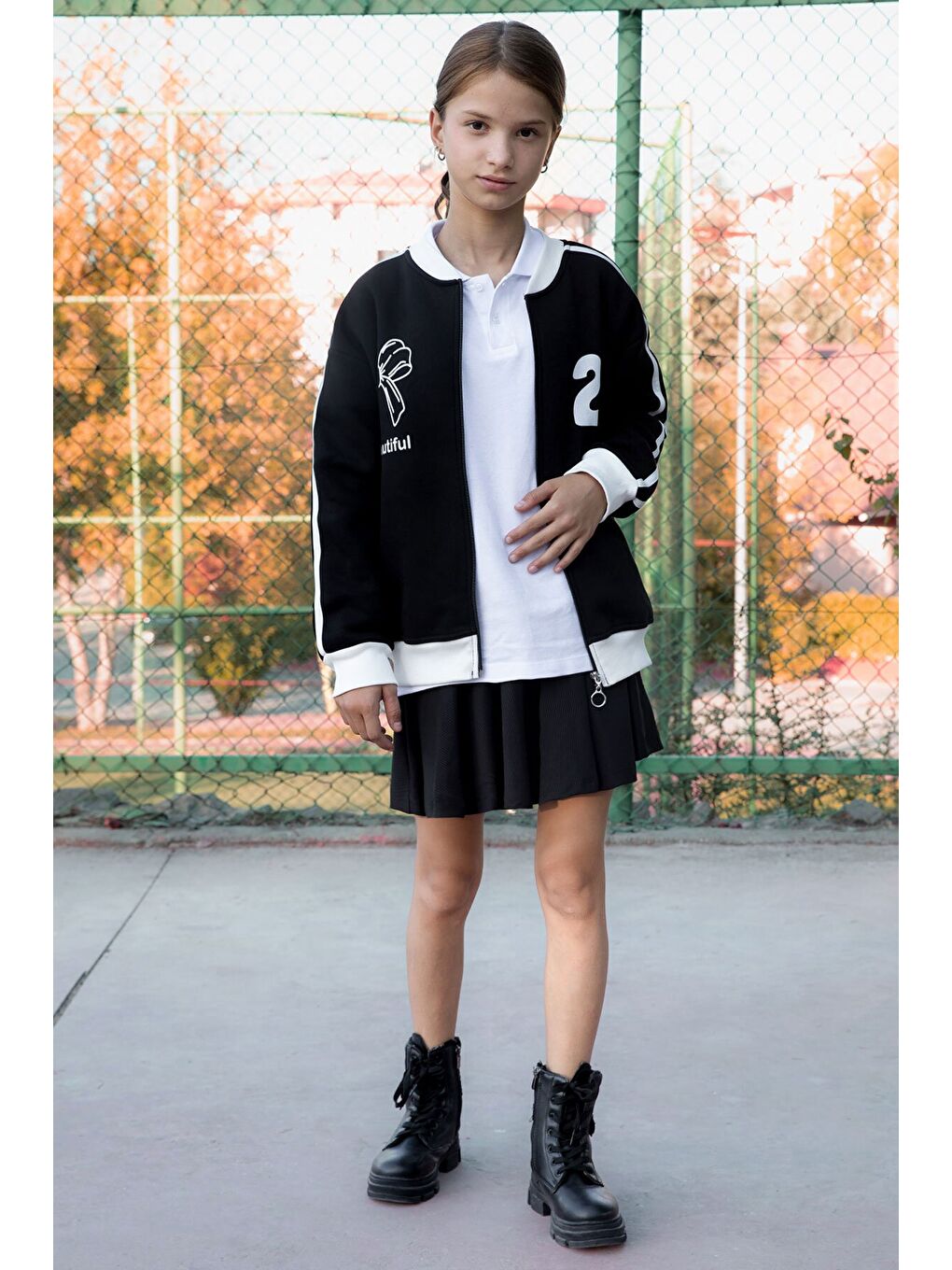 Siyah Beautifull Yazılı Kolu Şeritli Kız Çocuk Kolej Hırka 21190-2