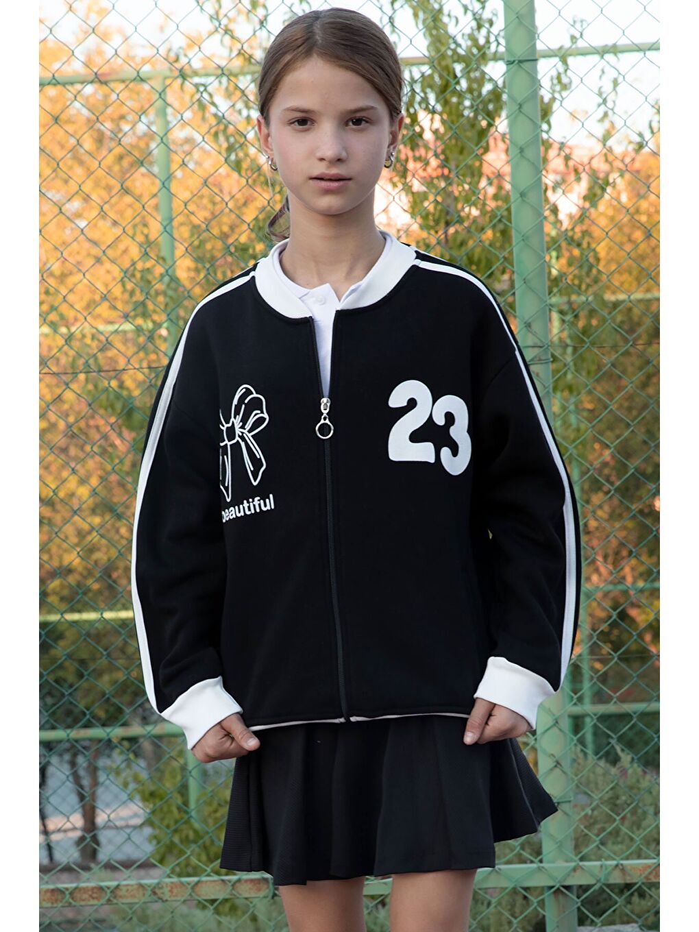 Siyah Beautifull Yazılı Kolu Şeritli Kız Çocuk Kolej Hırka 21190-3