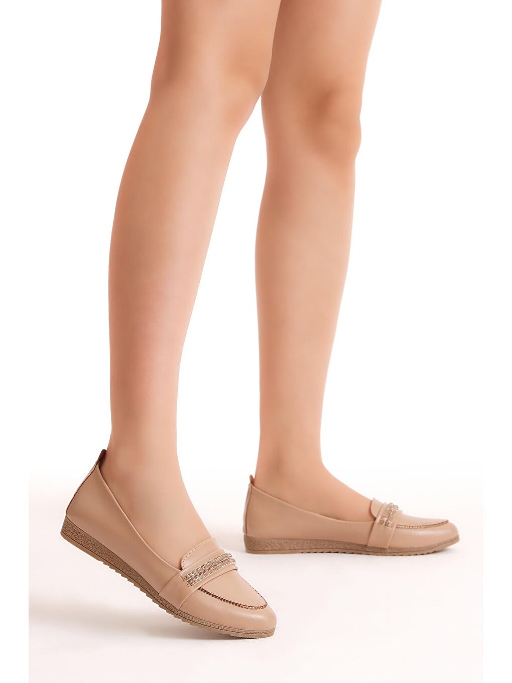 Kahverengi Kadın Vizon Rahat Kalıp Önü Taşlı Babet-2