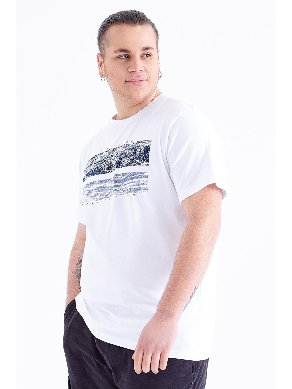 Beyaz Baskılı O Yaka Büyük Beden Erkek Tişört - 88073