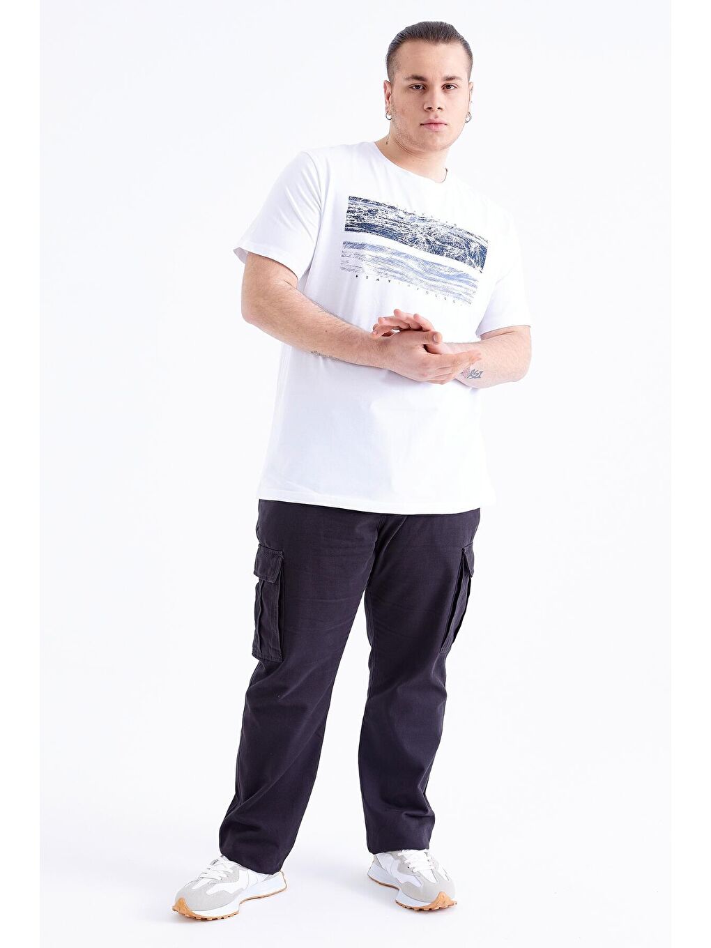 Beyaz Baskılı O Yaka Büyük Beden Erkek Tişört - 88073-1