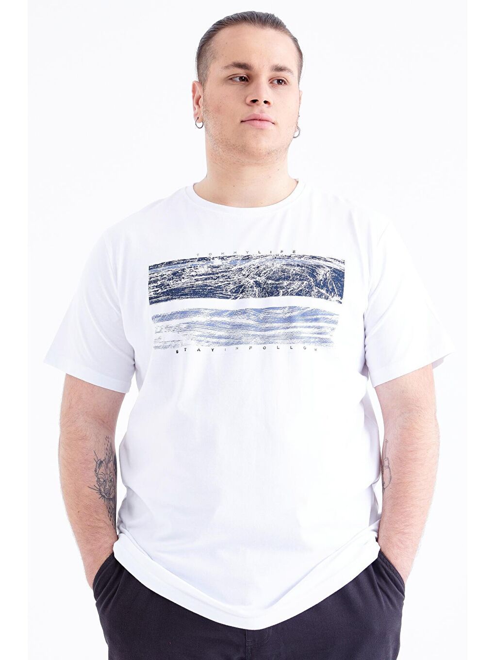 Beyaz Baskılı O Yaka Büyük Beden Erkek Tişört - 88073-2