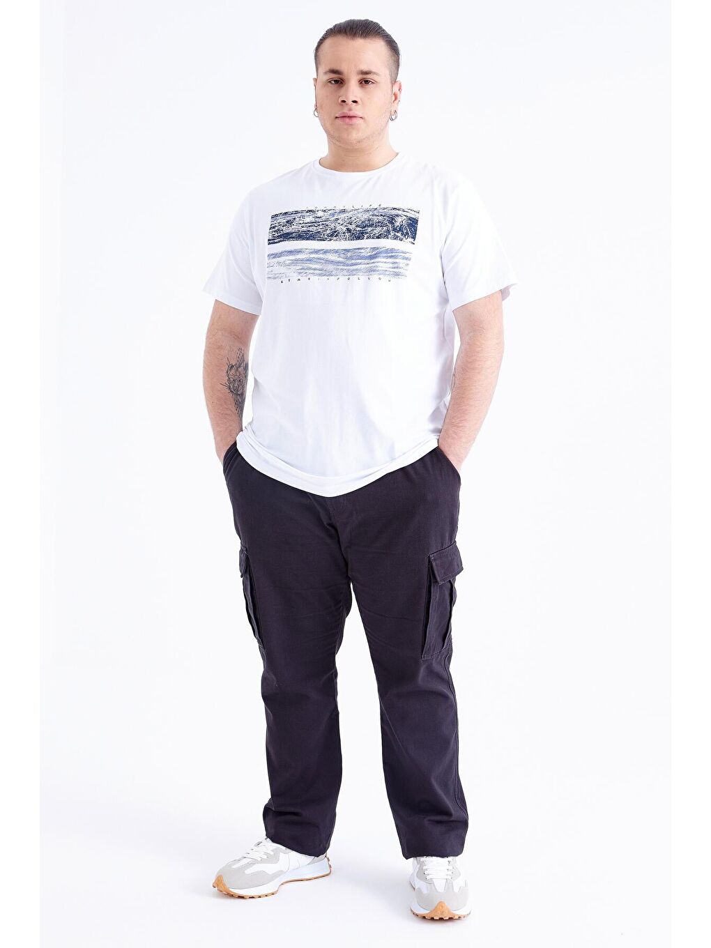 Beyaz Baskılı O Yaka Büyük Beden Erkek Tişört - 88073-3