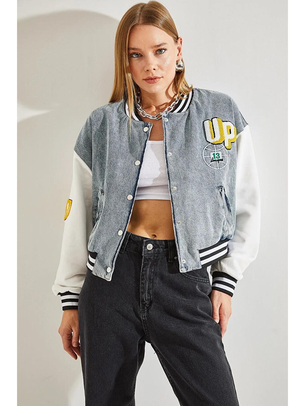 Mavi Kadın Ön ve Arkası Baskılı Ribanalı Denim Ceket-1