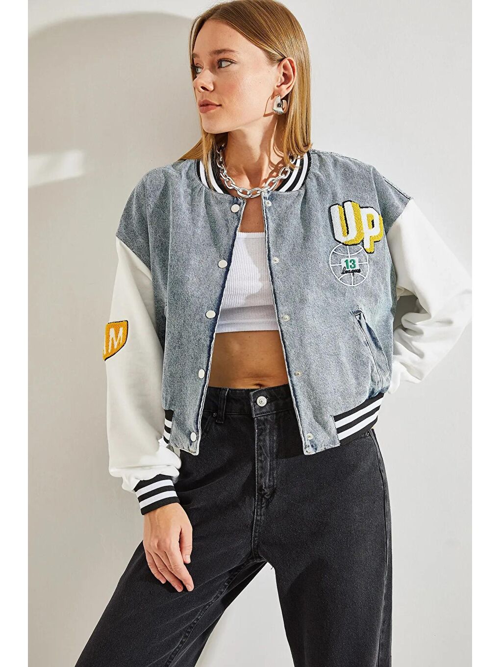 Mavi Kadın Ön ve Arkası Baskılı Ribanalı Denim Ceket-2