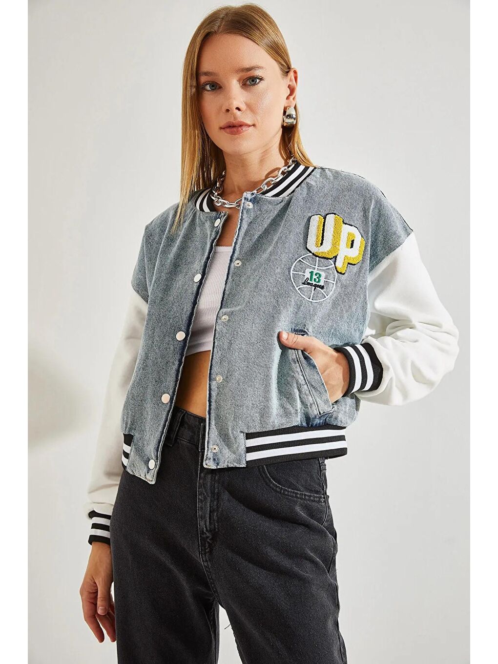 Mavi Kadın Ön ve Arkası Baskılı Ribanalı Denim Ceket-3