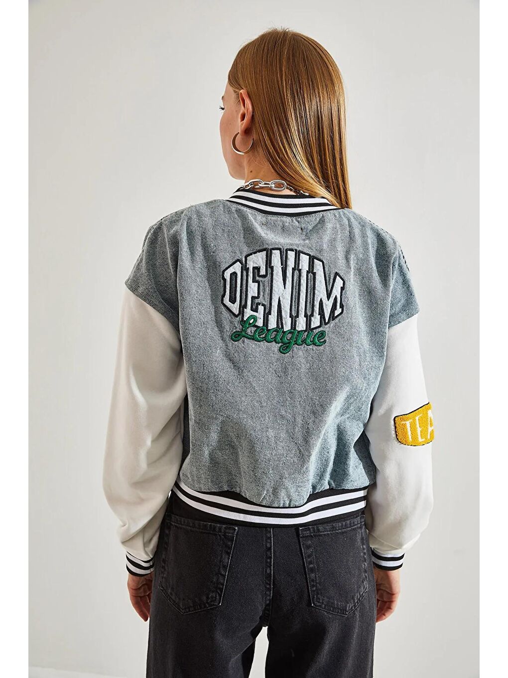 Mavi Kadın Ön ve Arkası Baskılı Ribanalı Denim Ceket-4