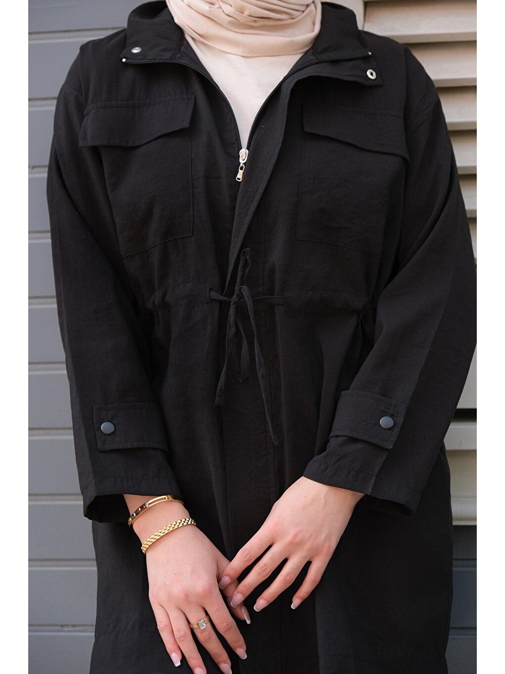 Çift Cep Bel Bağlamalı Ceket Siyah-2