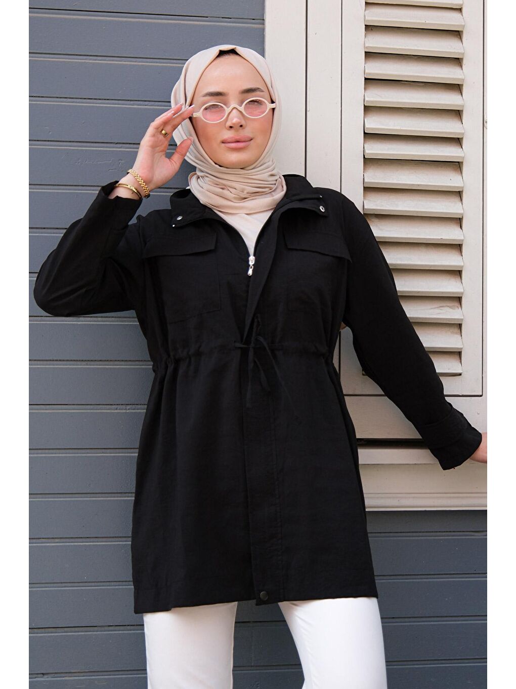 Çift Cep Bel Bağlamalı Ceket Siyah-3