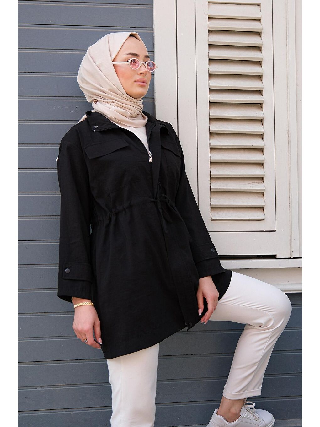 Çift Cep Bel Bağlamalı Ceket Siyah-4